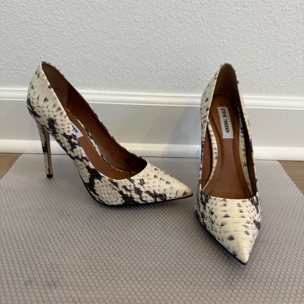 Steve Madden Proto Cream and Black Snake-Print Pointed Toe Stilettos